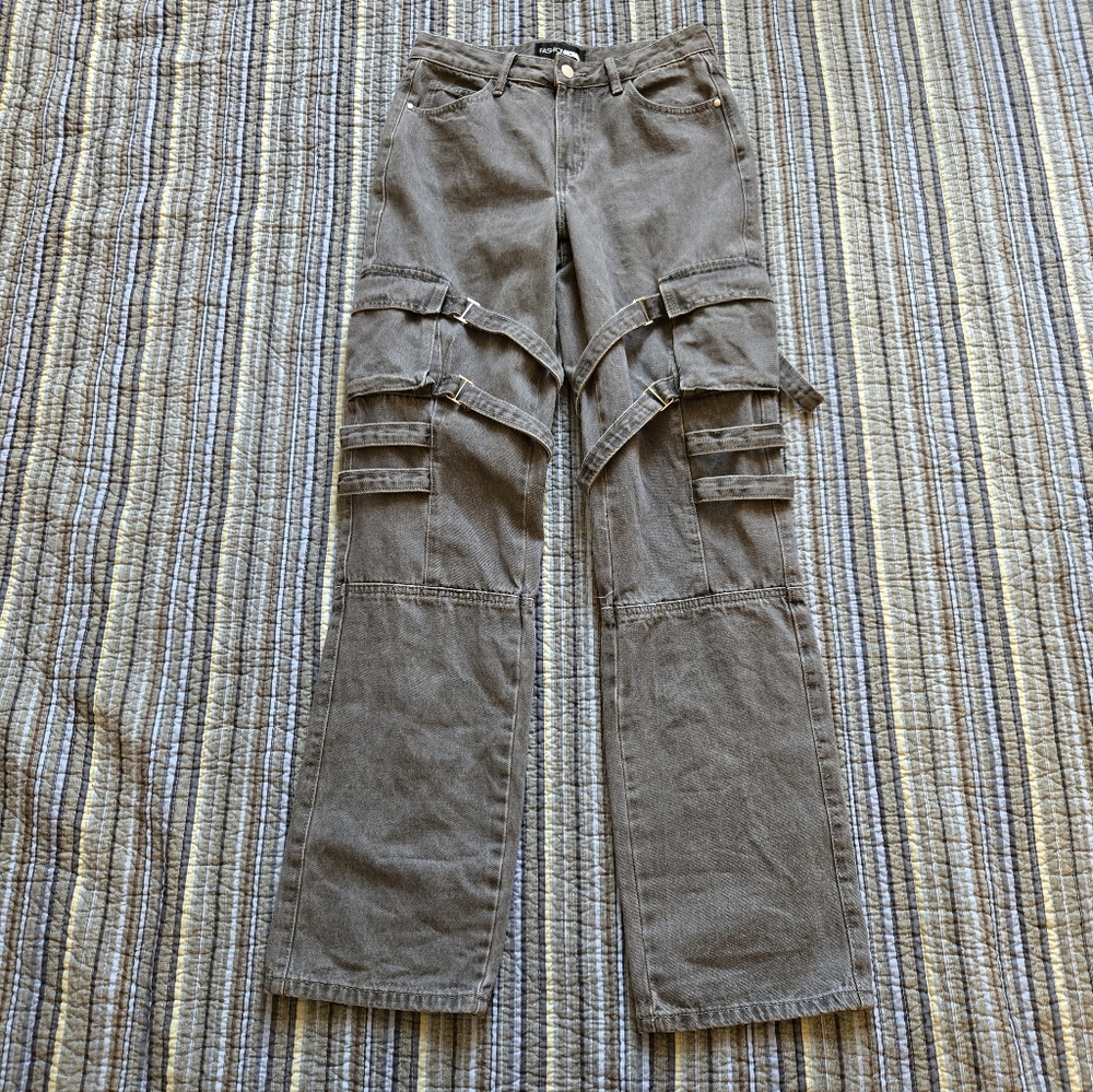 Fashion Nova Gray Strappy Cargo Jeans Leg Straps